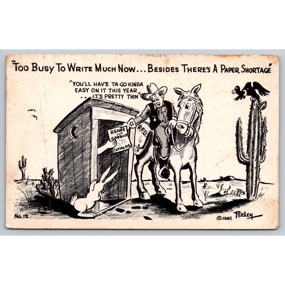 1947 Bob Petley Cowboy Cartoon Postcard Phoenix AZ to Kansas City Outhouse Humor
